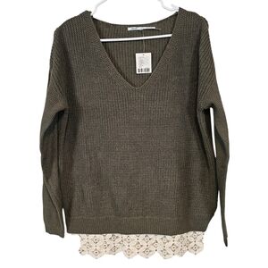 Kimchi Blue Vneck Olive Green Lace Hem Knit Oversized Sweater